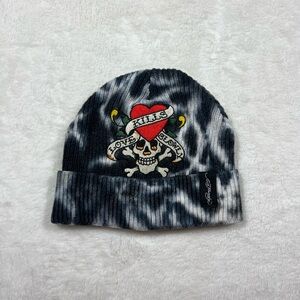 Ed Hardy Tie Dye Beanie with Skull Design - Black, White, Red